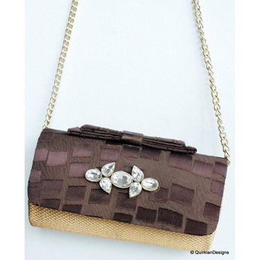 Wedding Party Clutch, Hard Body Purse, Brown And Copper Bronze Fabric Purse